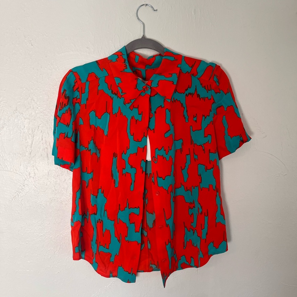 Diane Von Furstenberg Red and Teal Patterned Blouse
